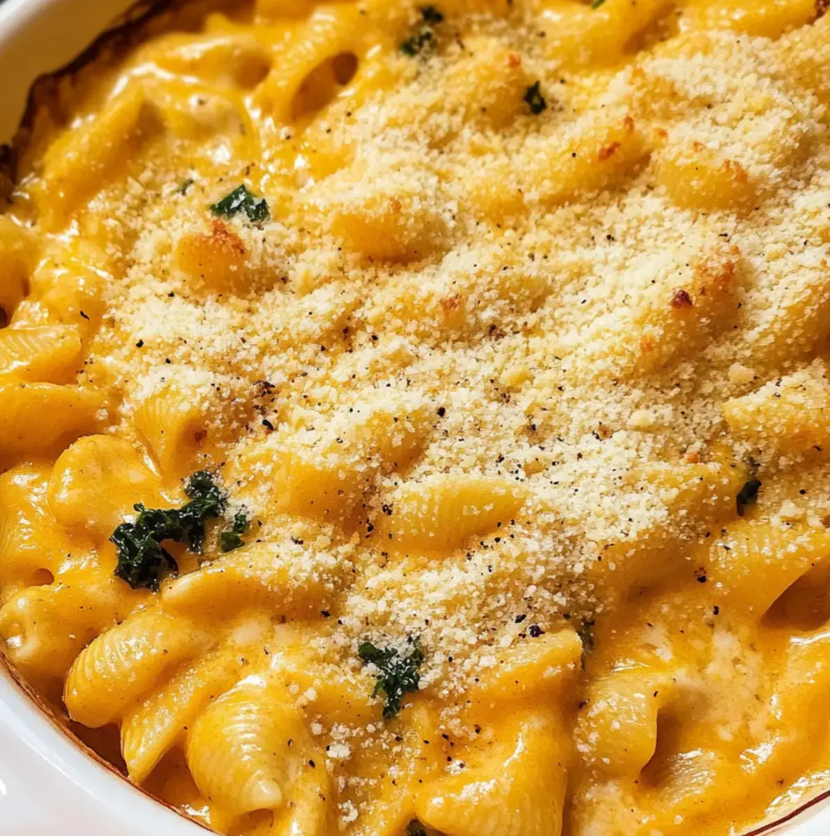 Close-up shot of macaroni coated in creamy cheese, topped with crunchy breadcrumbs and sprinkled with fresh green herbs.