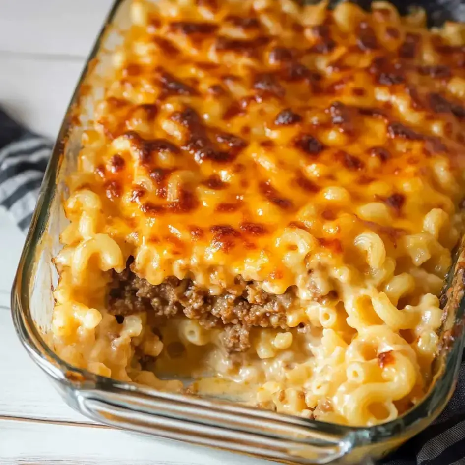 A glass baking pan packed with gooey mac and cheese on top of a beef layer.
