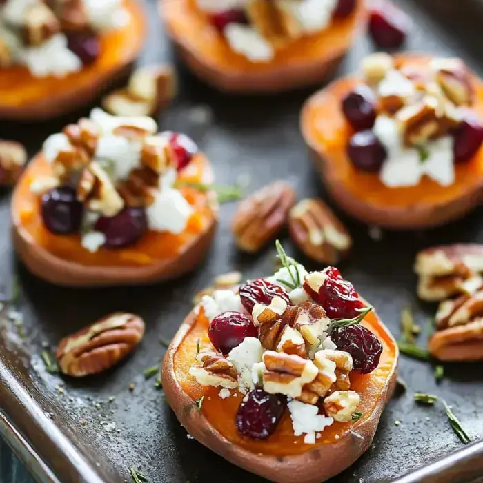 A plate loaded with sweet potato slices covered in goat cheese, cranberries, apple pieces, and pecans.
