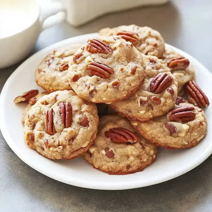 A plate of warm cookies with pecans on top.