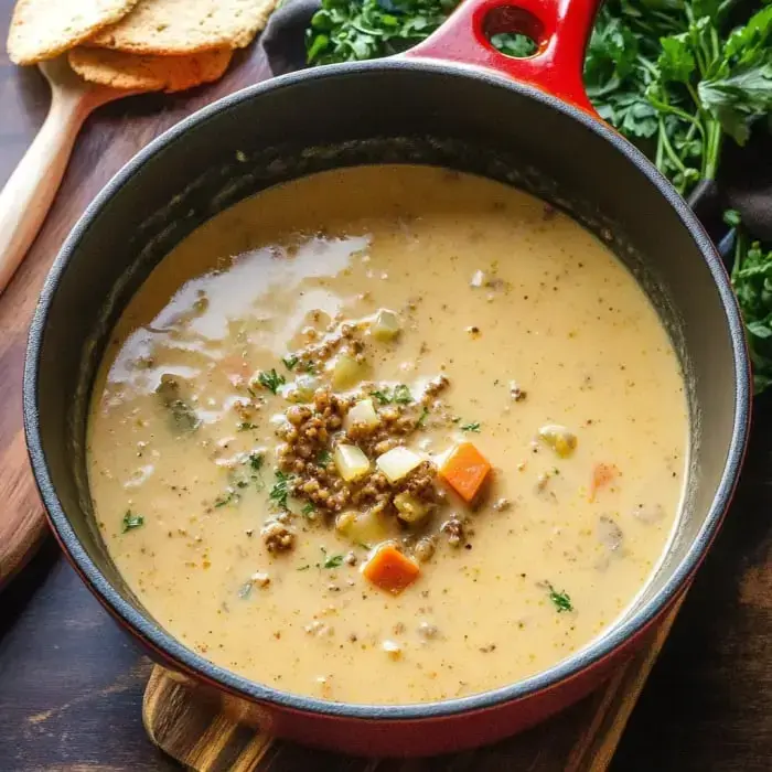 A pot of creamy, veggie-packed soup sits on a table surrounded by herbs and crackers, showing its rich and hearty texture.