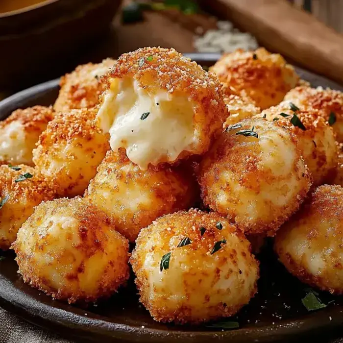 A bunch of crunchy cheese puffs on a plate, with one showing a stretch of melted cheese inside.