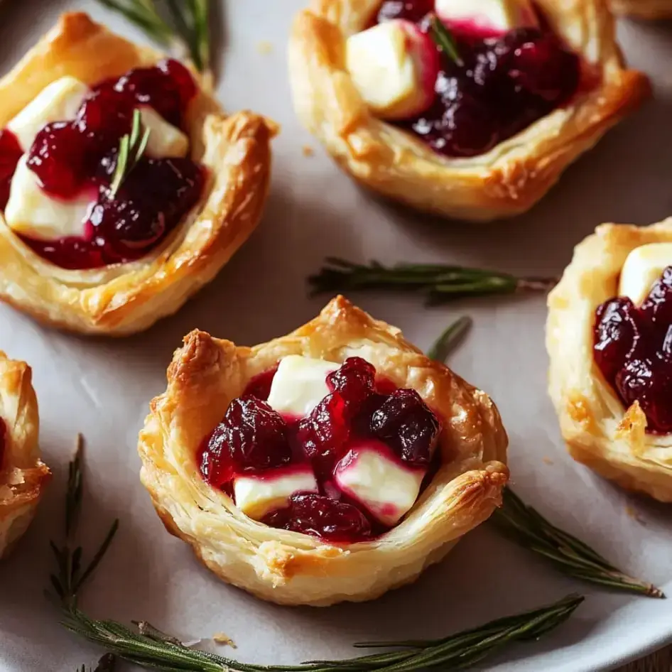 A baking sheet loaded with pastries filled with melted cheese and cranberry, topped with green rosemary sprigs.