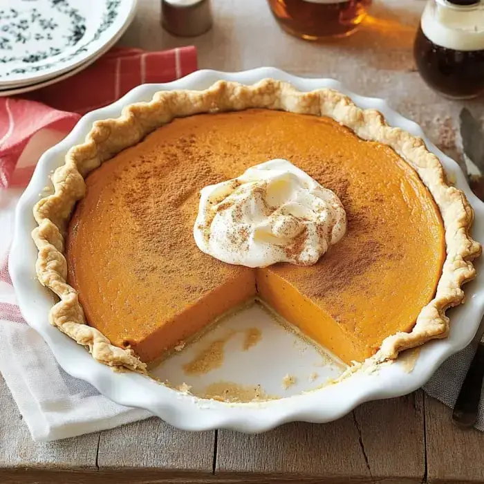 A gorgeous pumpkin dessert with whipped cream and cinnamon on top, missing one wedge.