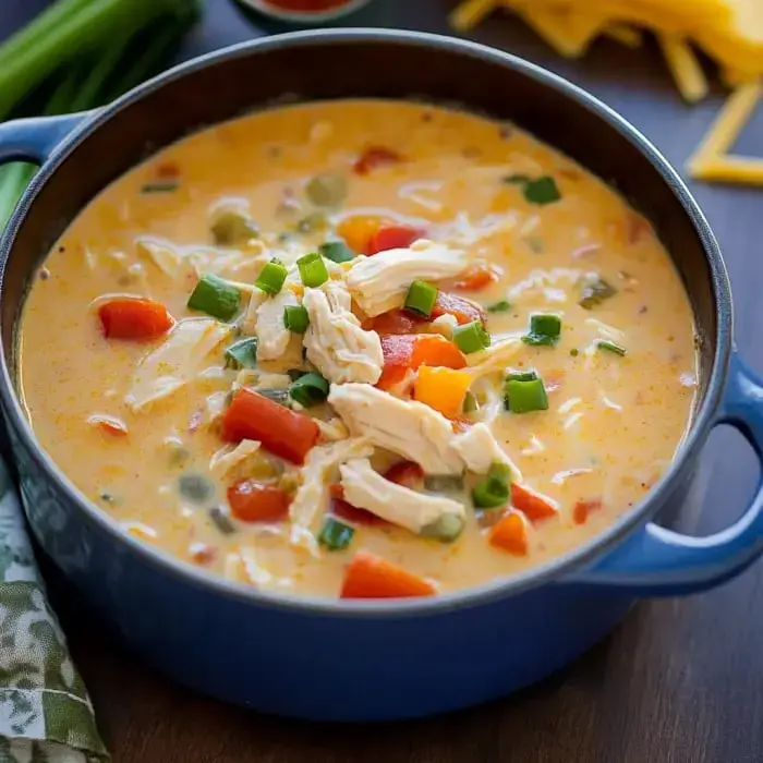 A rich and creamy chicken soup with lots of veggies in a bright blue pot.
