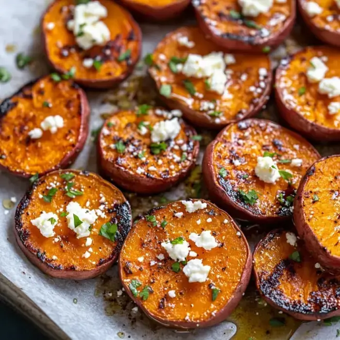 Crispy sweet potato circles sprinkled with fresh herbs and crumbled feta on a baking tray.