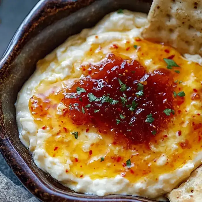 A bowl filled with creamy grits, topped with tangy sweet jam and fresh herbs, served with a crunchy cracker.