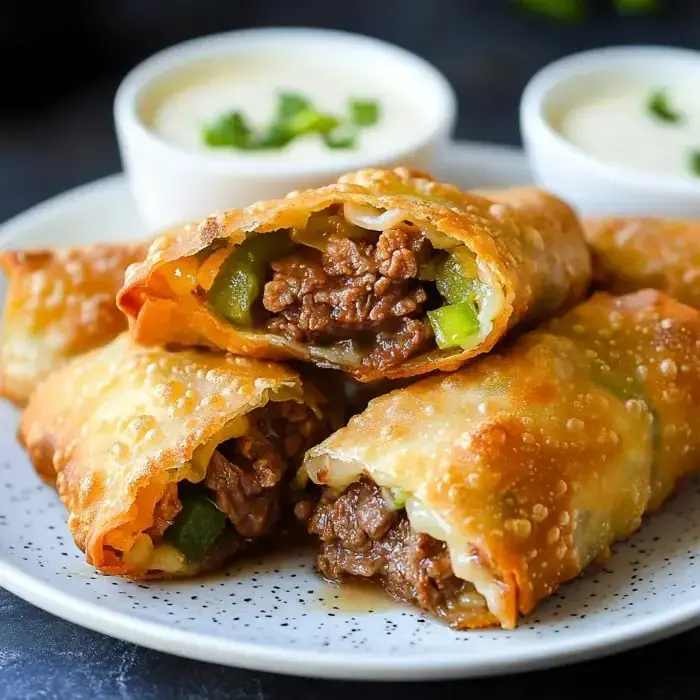 A plate stacked with crunchy egg rolls stuffed with steak and green peppers, set next to two bowls of dip.