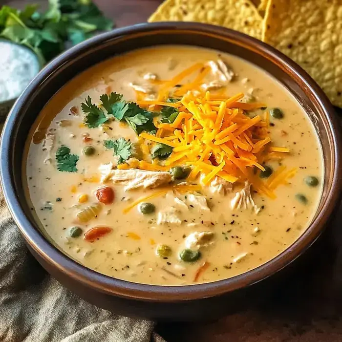 Creamy soup loaded with shredded chicken, peas, tomatoes, topped off with cheddar and cilantro, plus some crispy corn chips on the side.