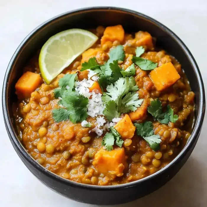 A bowl loaded with lentil stew, cubes of sweet potato, fresh cilantro, and lime on top.