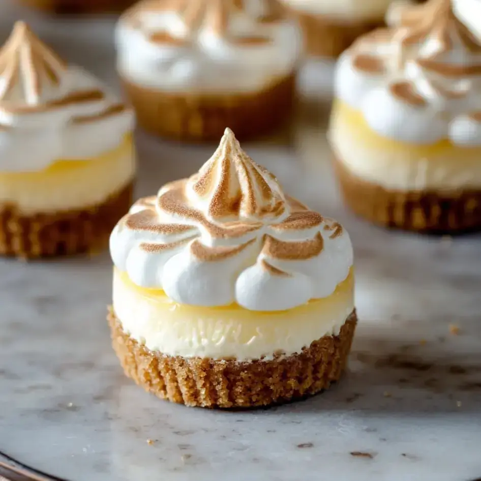A close-up shot of a mini lemon tart with a golden meringue swirl and a crumbly graham base.