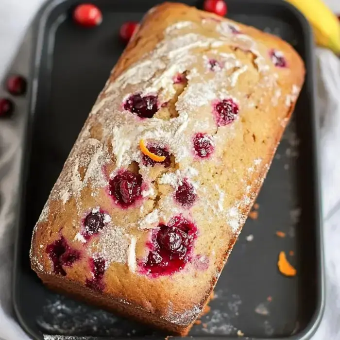 A flour-dusted cranberry orange loaf showing off big, bright cranberry bits on the crust.