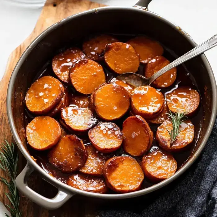 Glazed sweet potato slices sparkling in a pan, topped with rosemary sprigs.