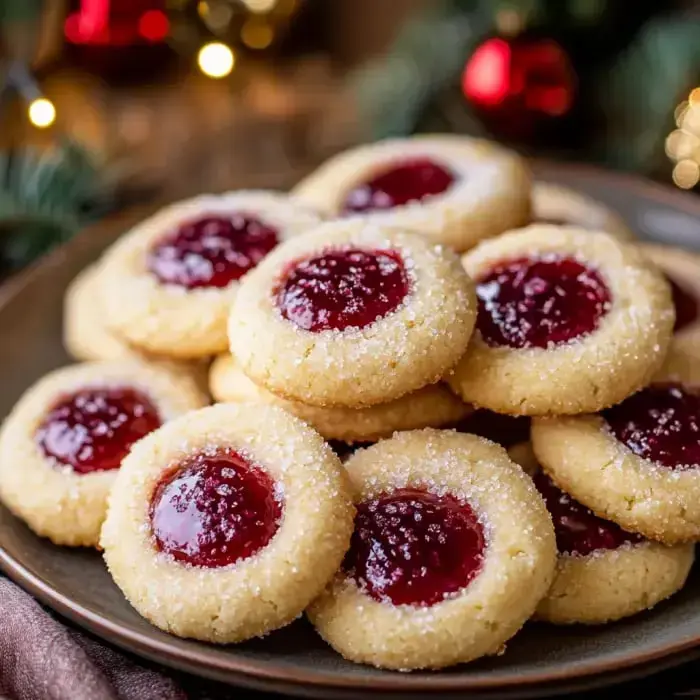 Golden thumbprint cookies with raspberry jam and sugar sparkle on a plate in a warm, festive atmosphere.