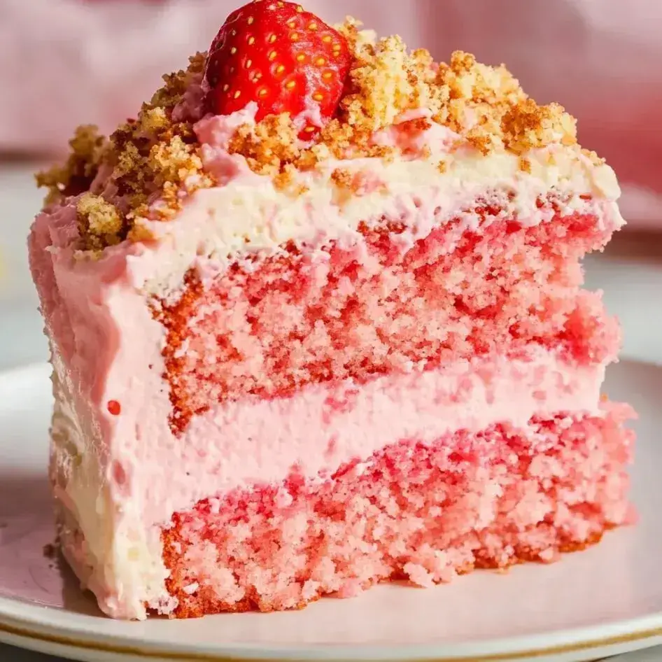 Zoomed-in look at a piece of fluffy pink cake with crumb topping and a strawberry on top.
