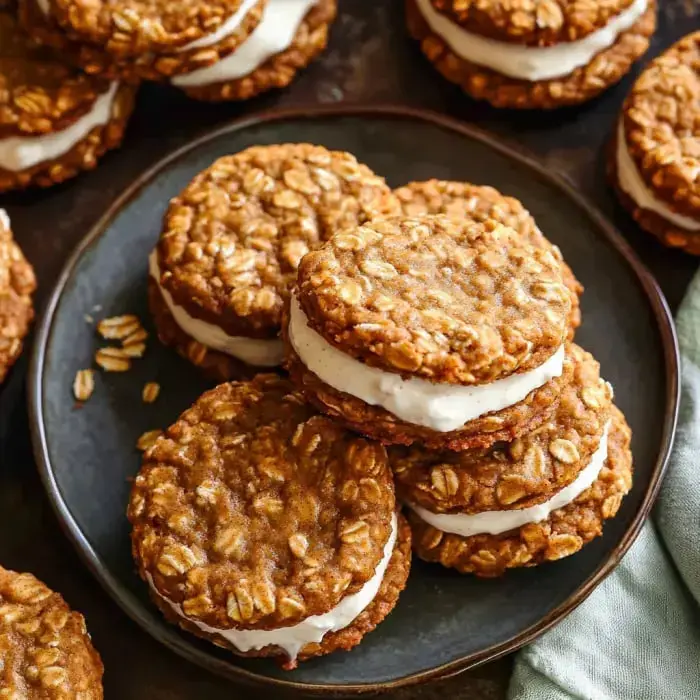 Stacked oatmeal cream pies with creamy centers between chewy cookies, sitting on a plate.