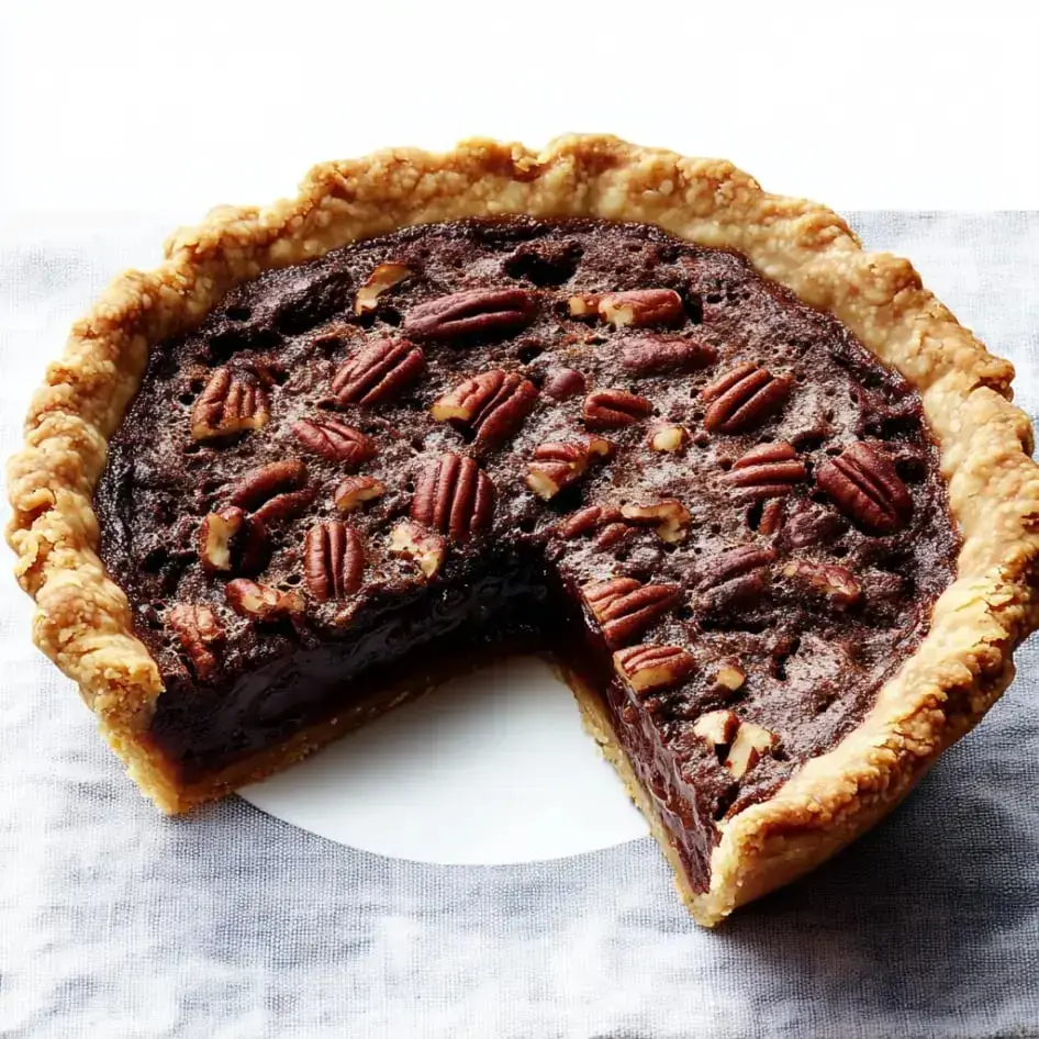 A pecan pie with a slice cut out showing the gooey middle with big pecans on top, all sitting on a pale textured background.