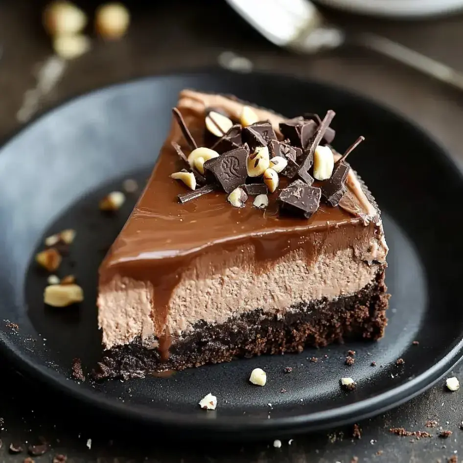 A chocolate dessert slice with a smooth inside and a cookie crust, topped with shaved chocolate and nut bits, resting on a black plate.