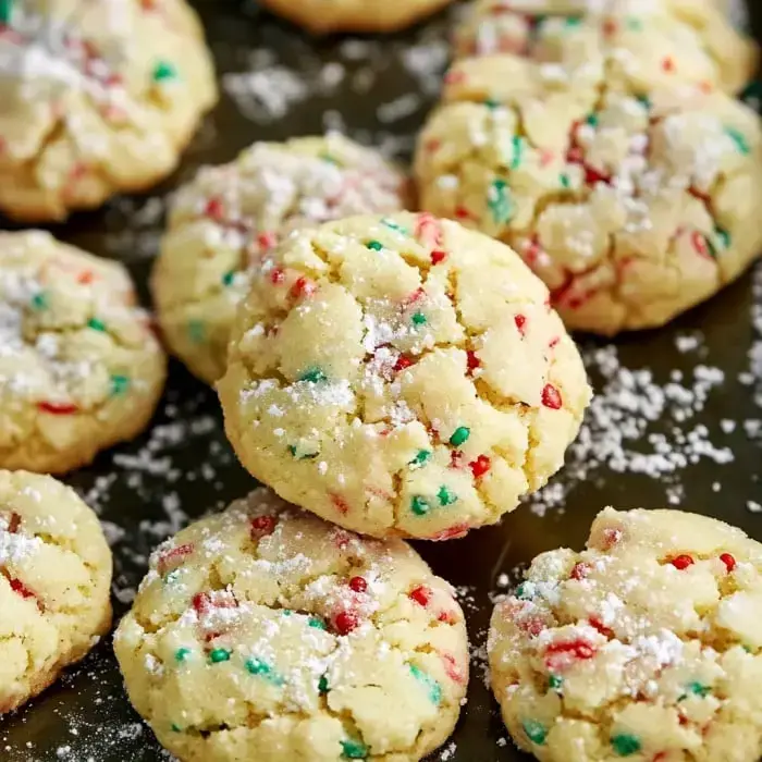 Close shot of cheerful cookies dusted with powdered sugar and packed with bright red and green bits.