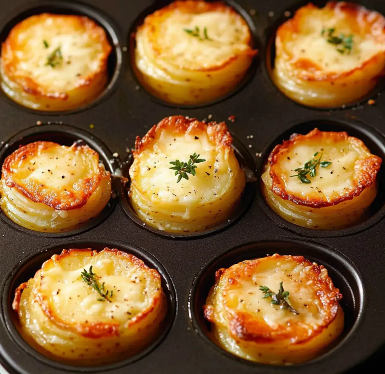Muffin pan showing golden mini potato stacks covered with bubbling cheese and a sprinkle of fresh thyme.