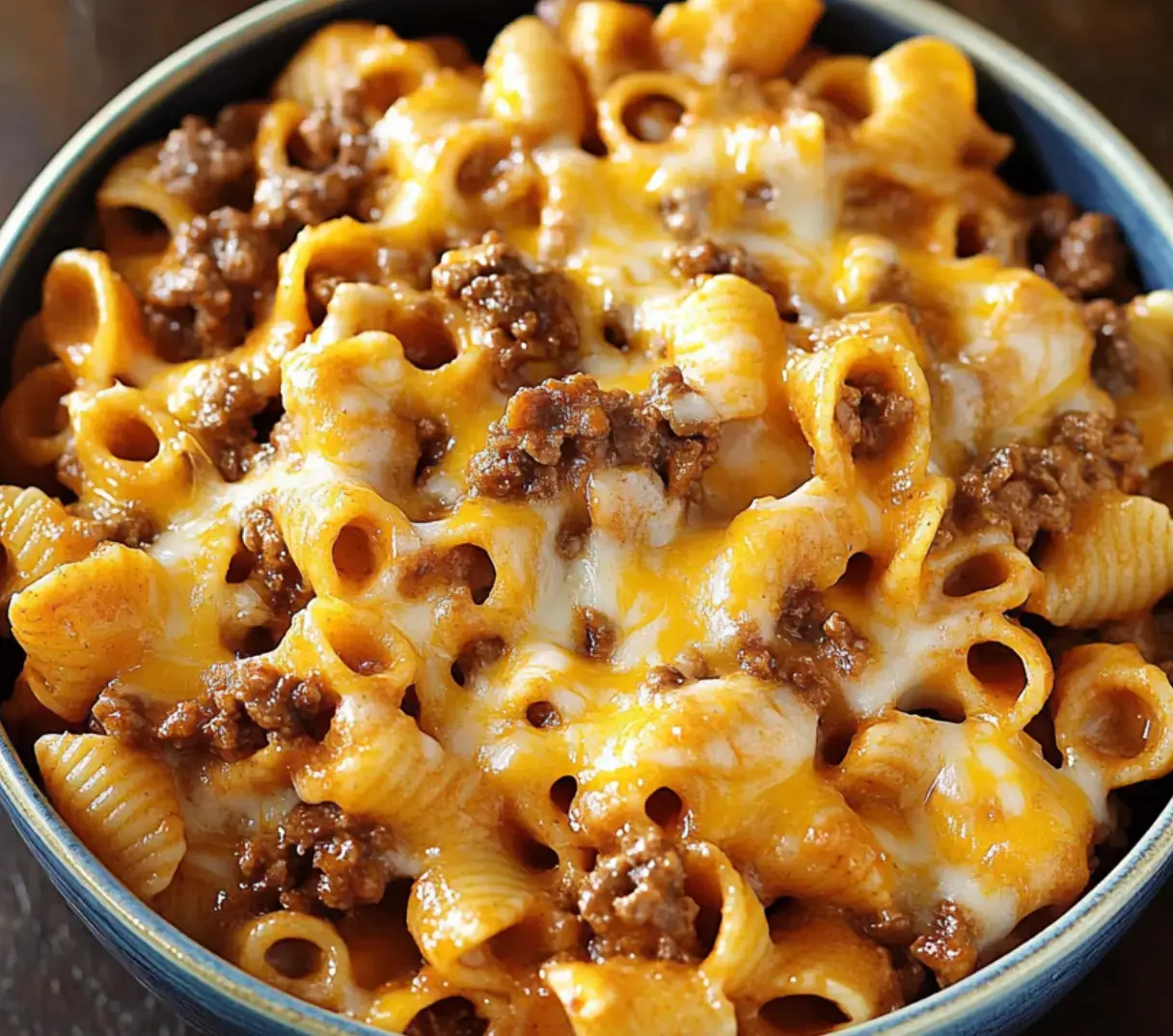 Zoomed-in shot of a bowl of ground beef, cheesy pasta, and gooey cheese all mixed together.