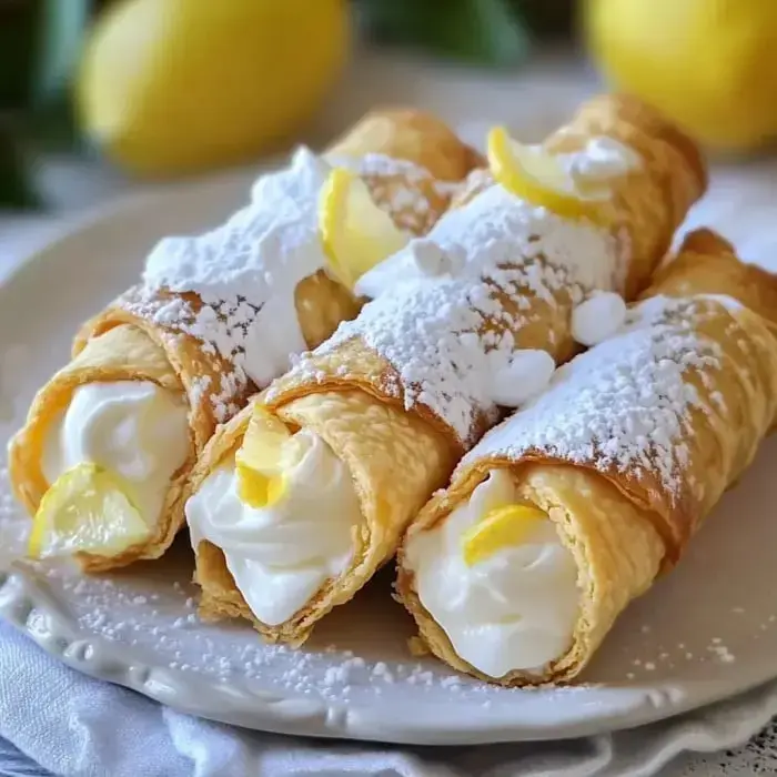 Three crisp cannolis filled with lemon and dusted with sugar, sitting on a plate with lemon wedges.