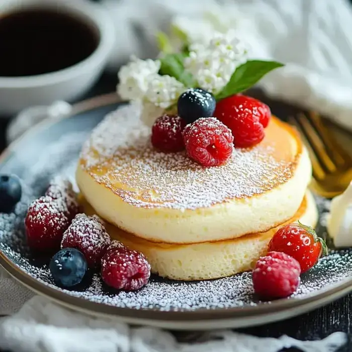 A tall stack of pancakes with powdered sugar and fresh berries on top, set on a plate next to coffee and a leafy sprig.