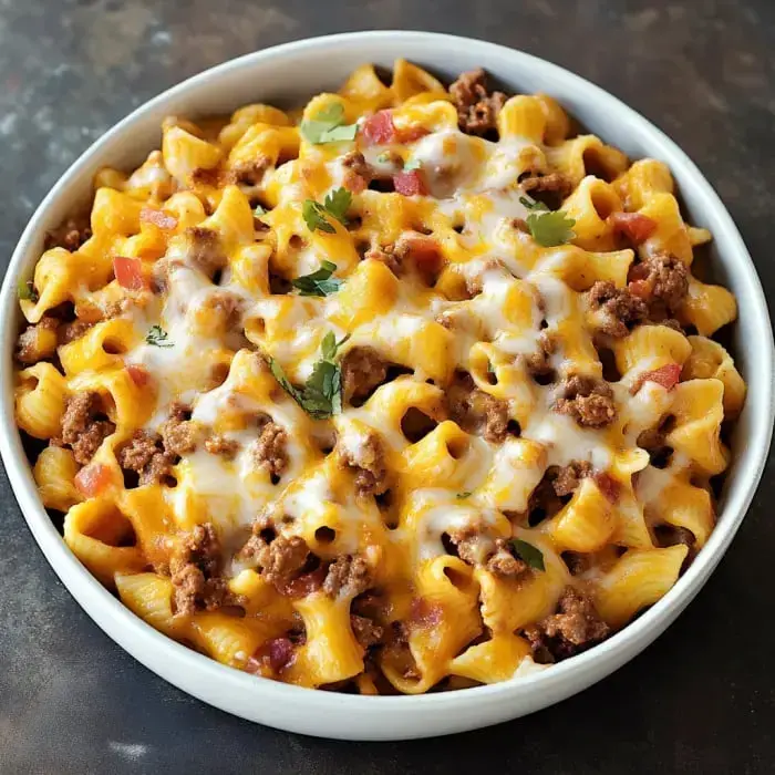 A bowl packed with creamy cheesy noodles, seasoned beef, juicy tomatoes, and a sprinkle of fresh herbs.