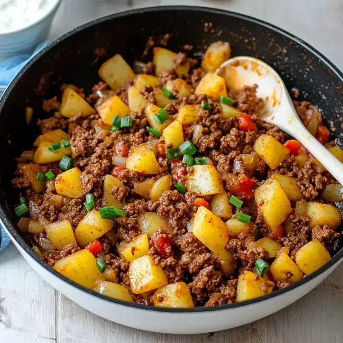 A hot skillet of chunky potatoes and seasoned beef topped with fresh green onions is ready to eat.