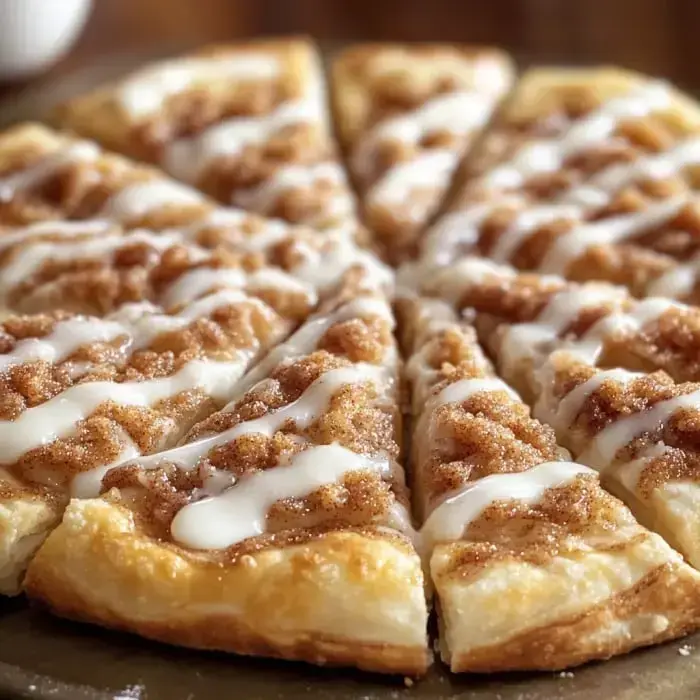 Sliced, warm dessert pizza loaded with cinnamon and topped with sweet icing, fresh from the oven.