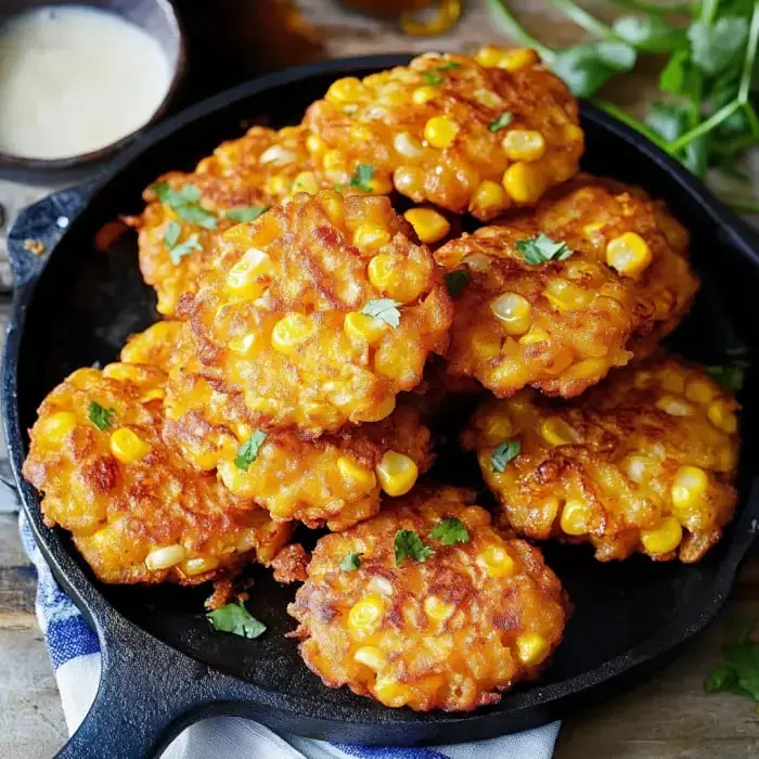A black skillet loaded up with golden corn fritters and sprigs of cilantro.