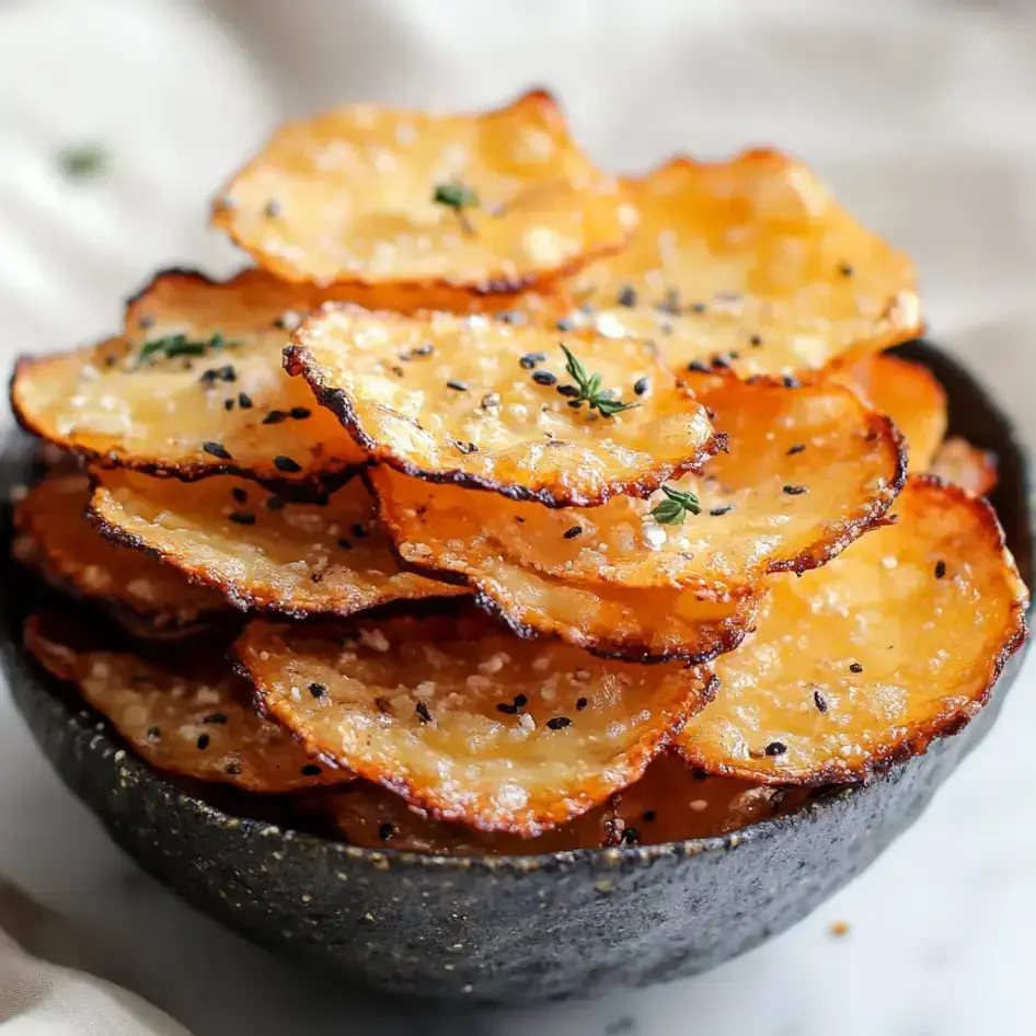 Zoomed-in shot of a bowl loaded with golden crispy chips, black sesame seeds, and sprigs of fresh thyme.