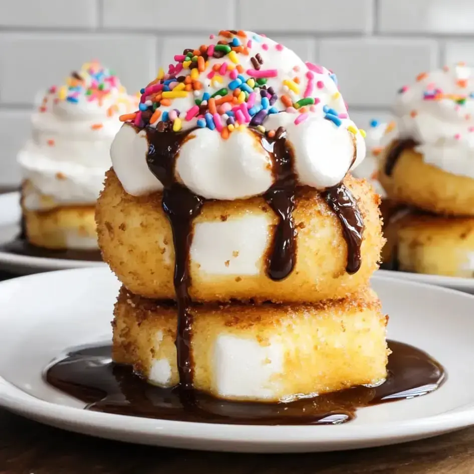 A pile of two perfectly fried golden treats topped with soft whipped cream, gooey chocolate, and bright sprinkles, sitting on a white plate.