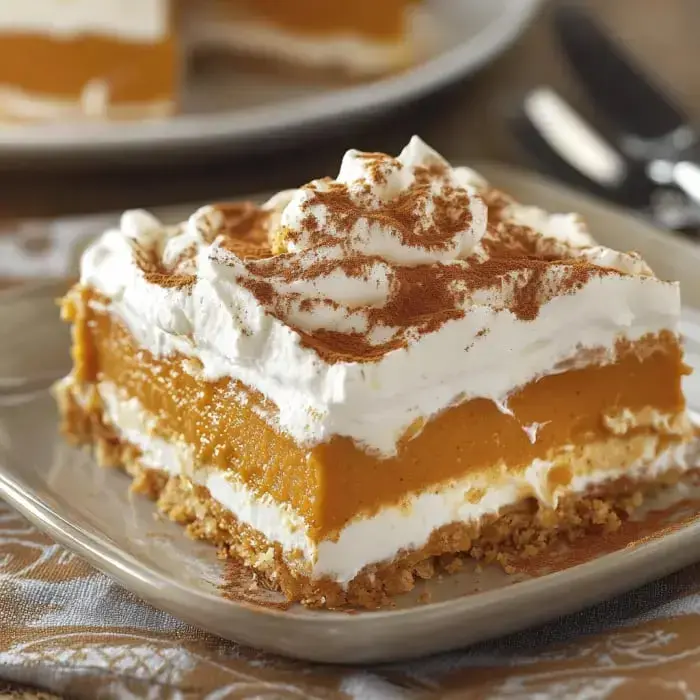 Pumpkin dessert slice with a big swirl of whipped cream and cinnamon dust on a light-colored plate.