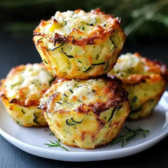 On a plate, three golden zucchini muffins with melty cheese on top just out of the oven.