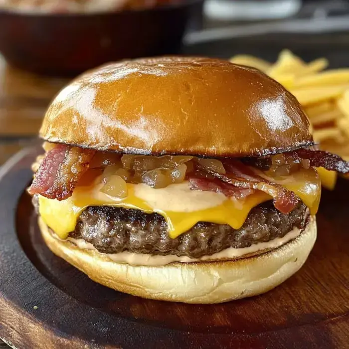 Juicy burger layered with cheddar, bacon pieces, and onions on a toasted brioche bun, served with fries on the side.