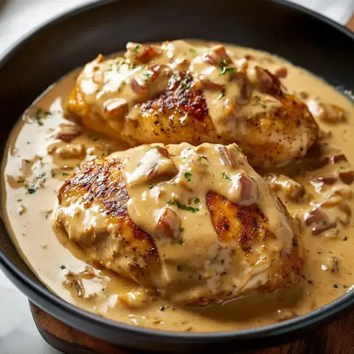 Black bowl with two chicken breasts covered in a creamy sauce with chopped bacon and herbs.