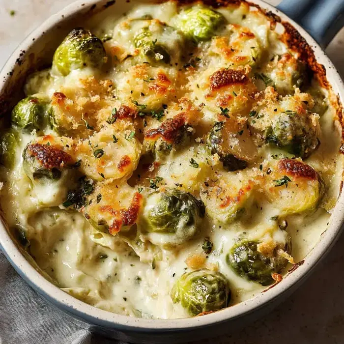 Golden browned Brussels sprouts with cheesy topping in a baking pan.