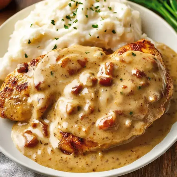 Creamy smothered chicken sits on a plate with fluffy potatoes and fresh parsley on top.