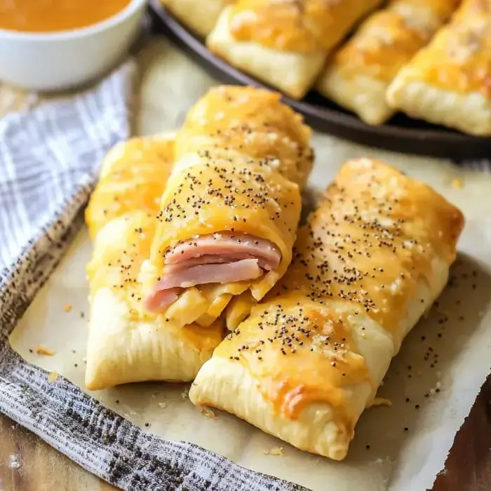 Baked ham and cheese snacks with melted cheese and poppy seeds on top, plus some dipping sauce on the side.