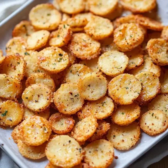 Plenty of crisp, golden baked potato slices dusted with spices, all set on a long plate.
