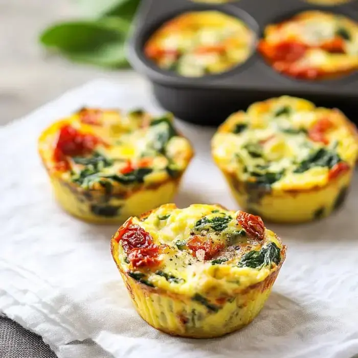 Three mini frittatas packed with spinach and sun dried tomatoes sit on a white cloth, muffin tray chilling in the back.