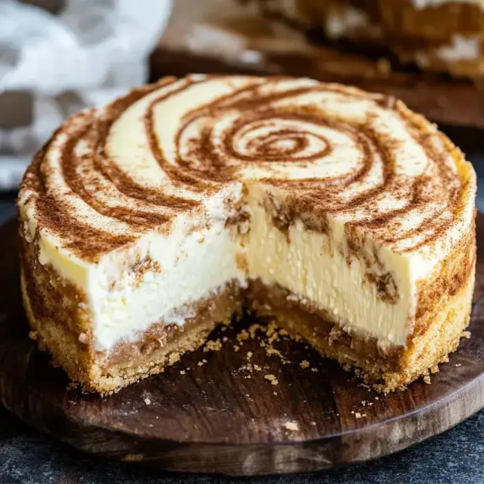 There's a creamy cheesecake with cinnamon on top and one slice missing, all on a wooden board.