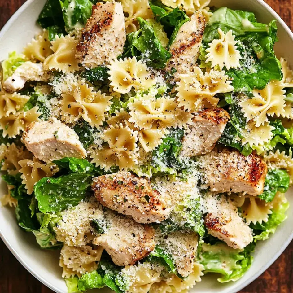 Big bowl holding bow tie pasta, slices of grilled chicken, chopped romaine, and a sprinkle of Parmesan.