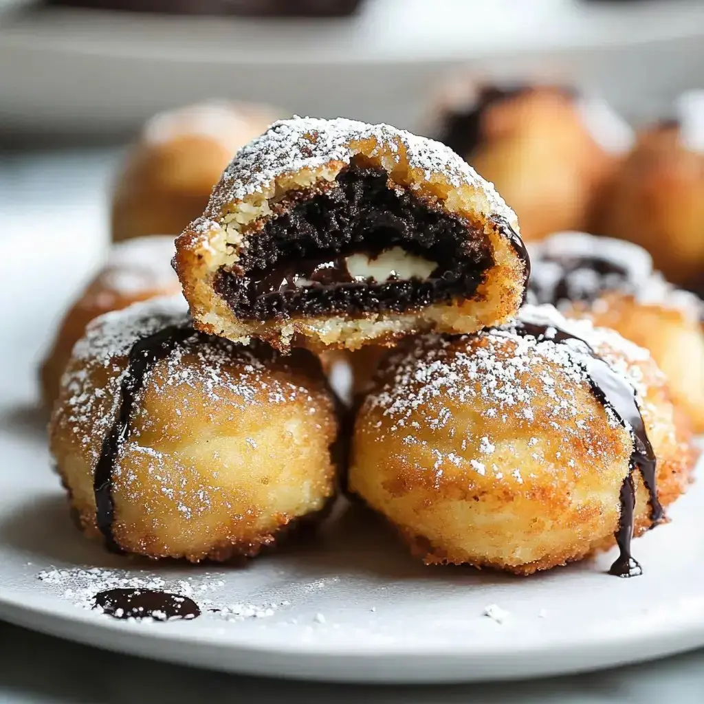 A plate stacked with golden fried treats filled with creamy chocolate, lightly powdered and drizzled with chocolate sauce.