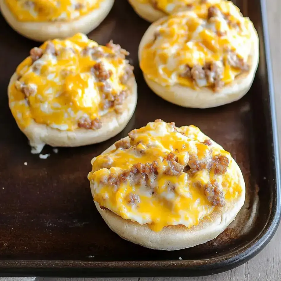 Close up of golden English muffins piled with sausage and cheese on a baking sheet.