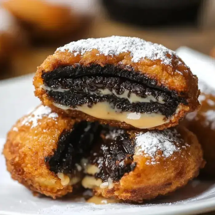 A close-up of a split open fried Oreo showing off layers of crunchy chocolate cookie and creamy insides, all dusted with sugar.
