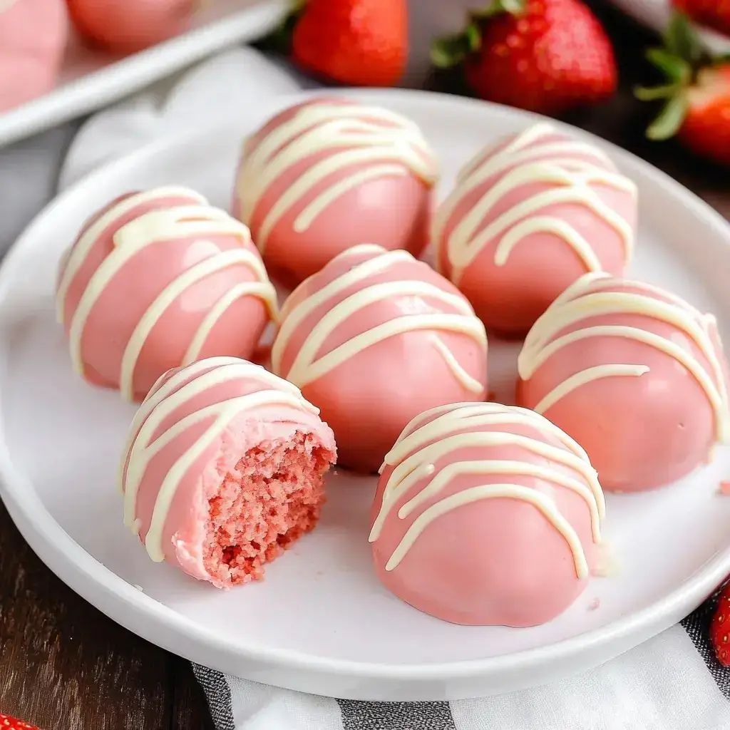 Some pink bite-sized sweets with white chocolate on top, showing a soft center and fresh strawberries nearby.