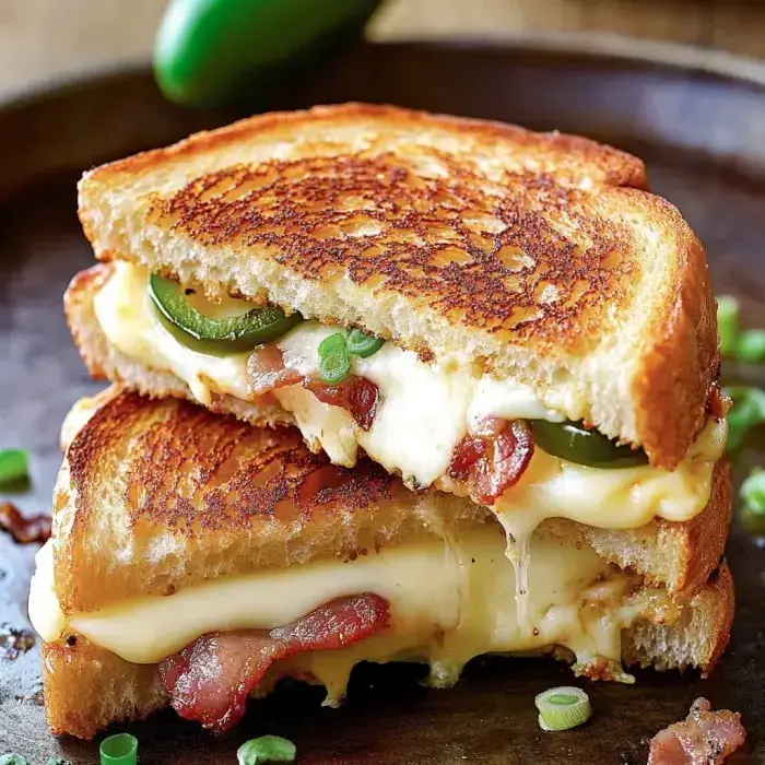 A melty grilled cheese sandwich with jalapeños and bacon, stacked between golden toast.