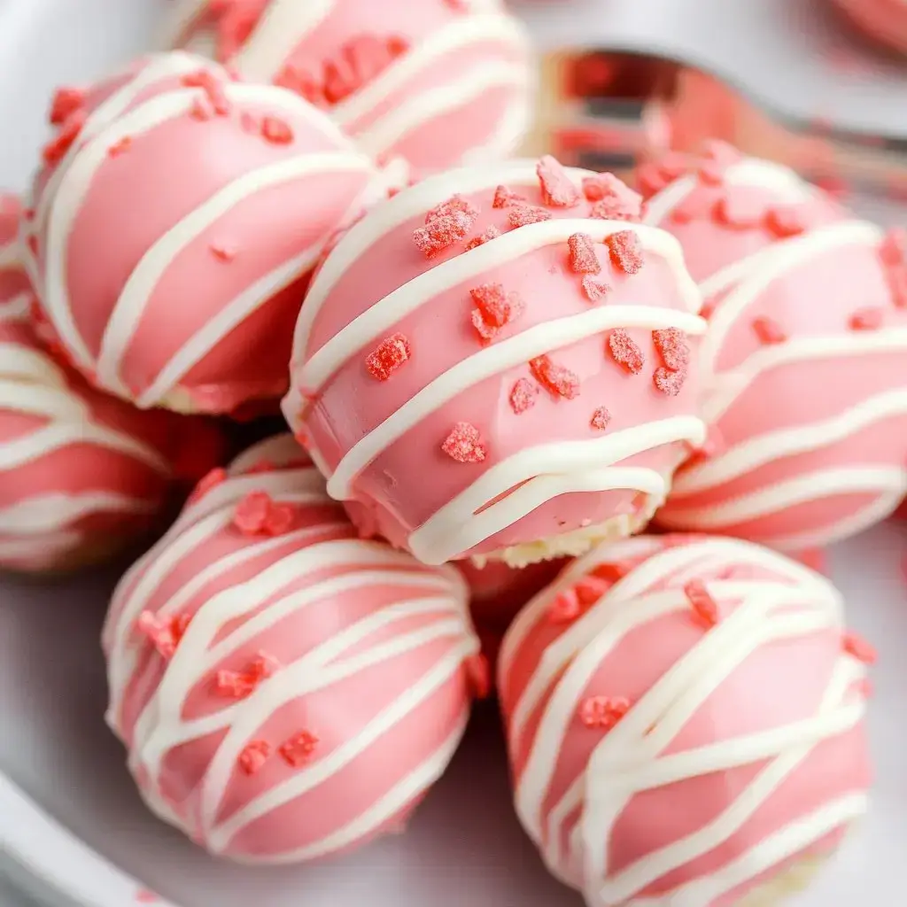 A dish full of pink treats with white drizzle and bright red sprinkles on top.